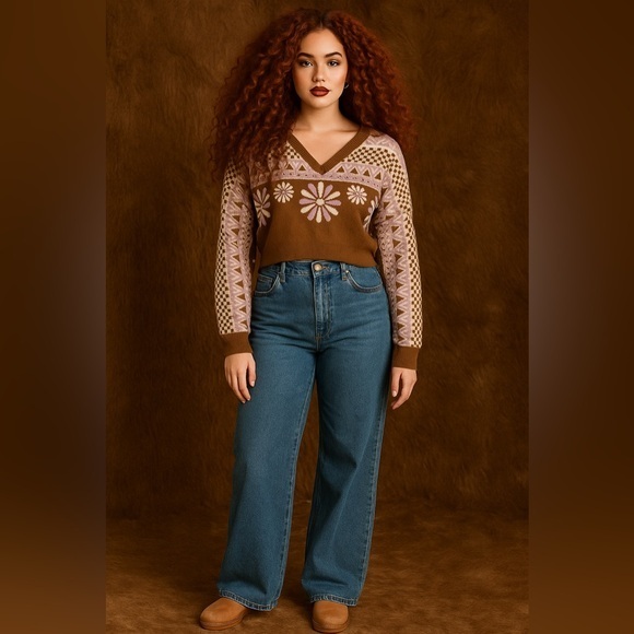 Altar'd State Sweaters - Altar’d State Boho Doll Hippie Brown Purple Cream Floral Cropped Sweater Hippie